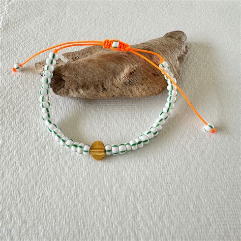 Boho Chic Neon Orange Adjustable Bracelet With Green Striped Czech