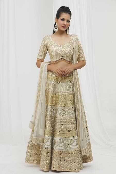 Buy Beige Dupion Silk Embroidered Mirror Work V Floral Panelled Bridal