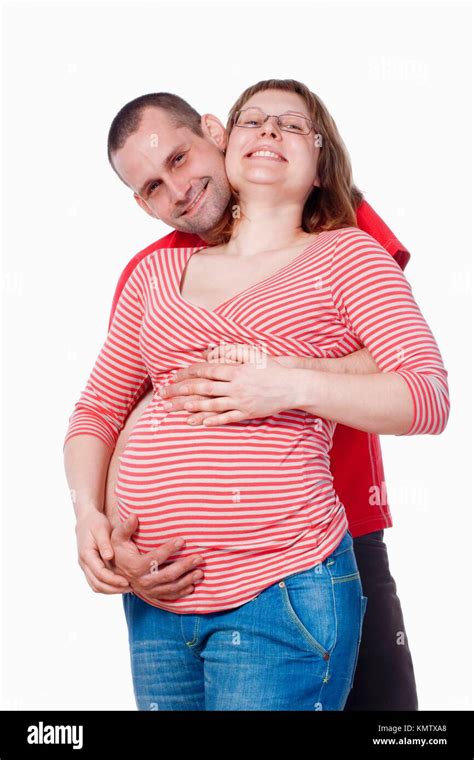 Happy Expecting Couple Holding Each Other Isolated On White Stock