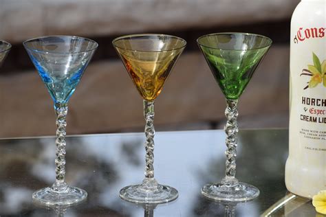 4 Vintage Multi Colored Twisted Clear Stem Liqueur Wine Cordials