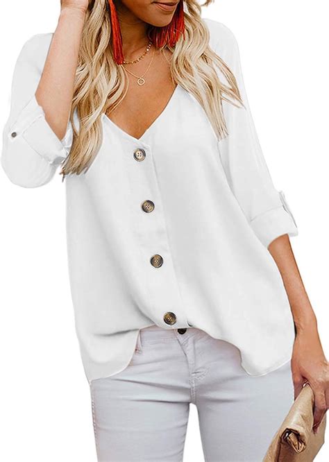 Misslook Womens Button Down V Neck Tops Loose Casual Long Sleeve