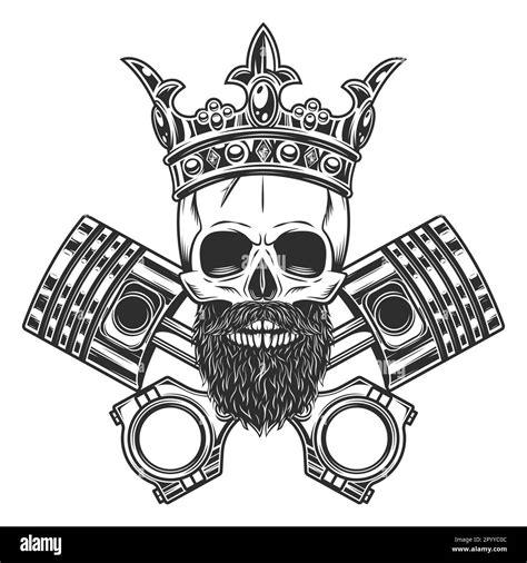 Biker Skull In Crown With Beard And Mustache With Crossed Engine