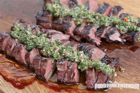 Grilled Sliced Hanger Steak With Chimichurri On A Large Wooden Chopping Board Brisket Recipes