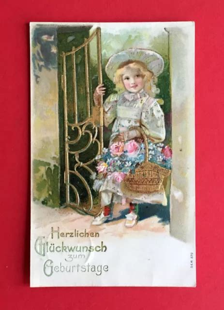 LITHO GLÜCKWUNSCH AK GEBURTSTAG 1908 Mädchen mit Blumen Korb 50413