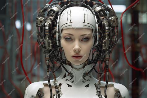 Premium Ai Image A Woman With A White Robot On Her Head And A Red And