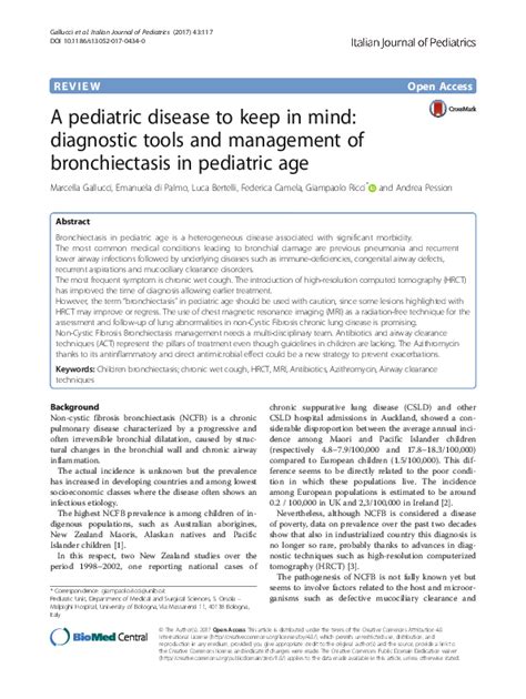 Pdf A Pediatric Disease To Keep In Mind Diagnostic Tools And Management Of Bronchiectasis In