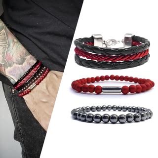 Kit Combo Pulseiras Masculinas De Couro Corda Bolinhas Pretas