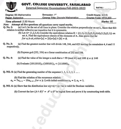 Mth Discrete Mathematics Bs Math Gcuf Past Paper Education Hub