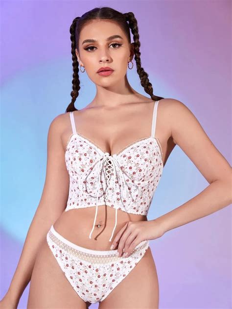 Romwe Floral Print Lace Up Lingerie Set Shein Usa