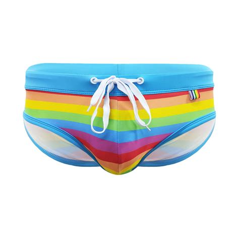 Mens Swim Trunks Sexy Drawstring Rainbow Stripe Printed Fitted Beach