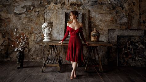 Wallpaper Red Dress Georgy Chernyadyev Women Model Alexandra