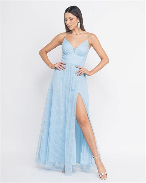 Vestido de Festa em Tule Poa c Alça Fina Moça Bonita Online Loja