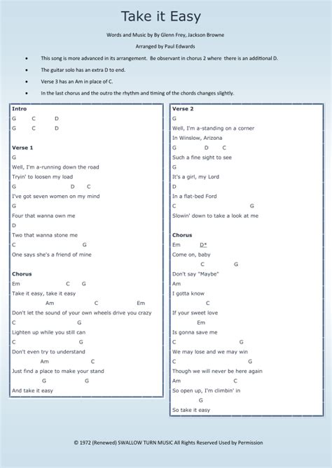 Take It Easy Arr Paul Edwards Sheet Music Eagles Guitar Chords