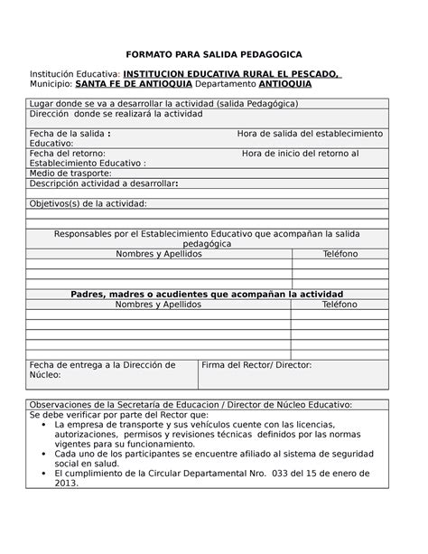 Formato Salida Formato Para Salida Pedagogica Instituci N Educativa