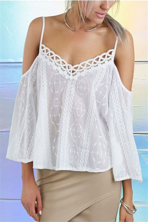 White Embroidered Chiffon Cold Shoulder Top In 2019 Tunic Tops