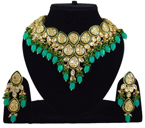 Indian Kundan Jewelry Emerald Green Pearl Fashion Necklace Set Etsy