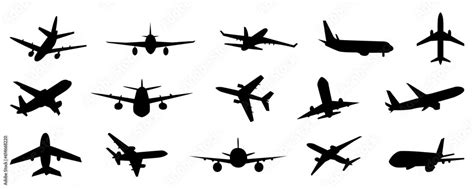 Black airplane icon collection. Set of black plane silhouette icon ...