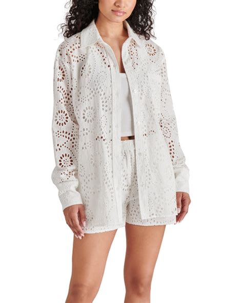 Cornelia White Crochet Cotton Eyelet Button Up Shirt Womens Designer