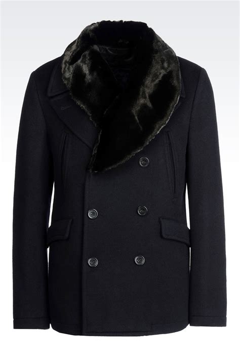 Emporio Armani Men Double Breasted Pea Coat In Cashmere With Faux Fur