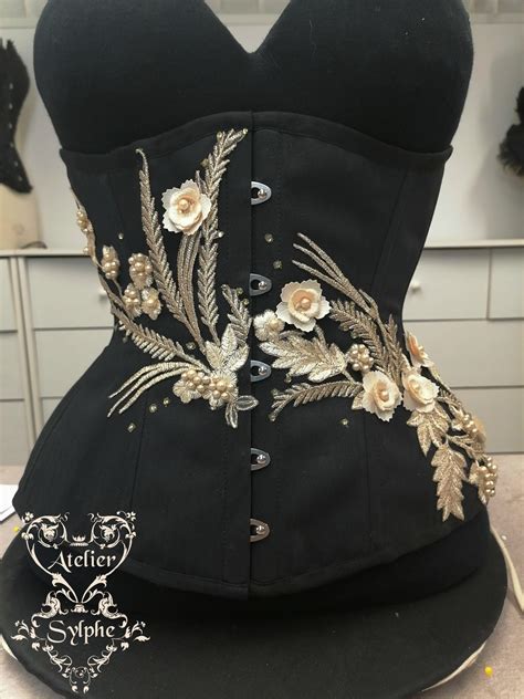 Corset 22 Inches Waist Size Fantasy Black Coutil With Floral Ivory