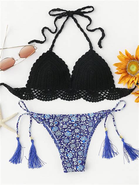 Shop Calico Print Tassel Tie Crochet Bikini Set Online Shein Offers