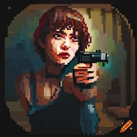 Pixel Art Oil Painting Portrait Of A Woman Aiming With A Gun In A