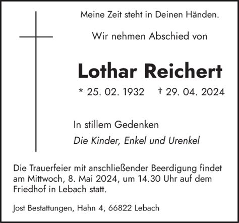 Traueranzeigen Von Lothar Reichert Saarbruecker Zeitung Trauer De