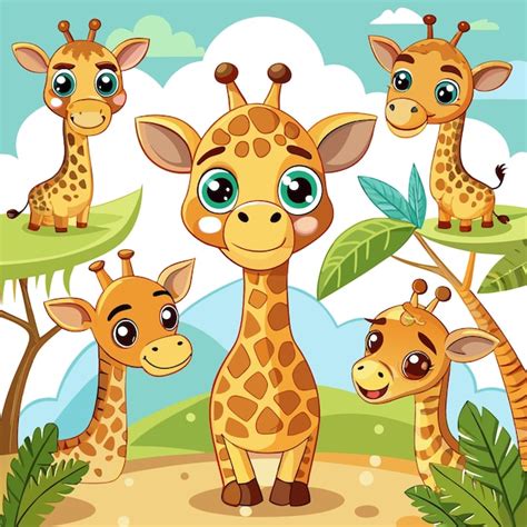 Girafas Desenhos Coloridos - Um grupo alegre de girafas de desenho animado em uma paisagem lúdica ...