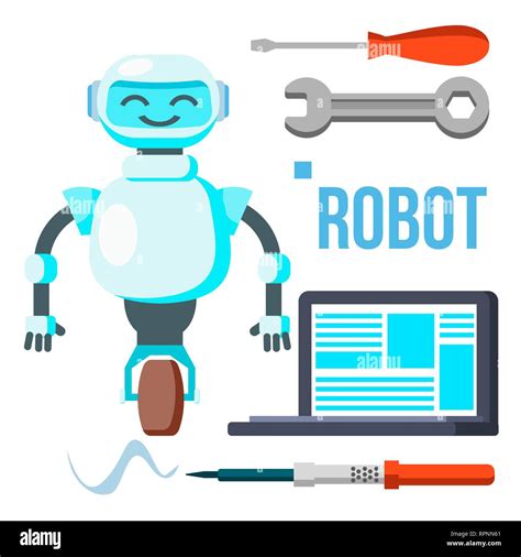 Robot With Laptop Vector. Homemade Assistant Helper. Isolated Flat ...