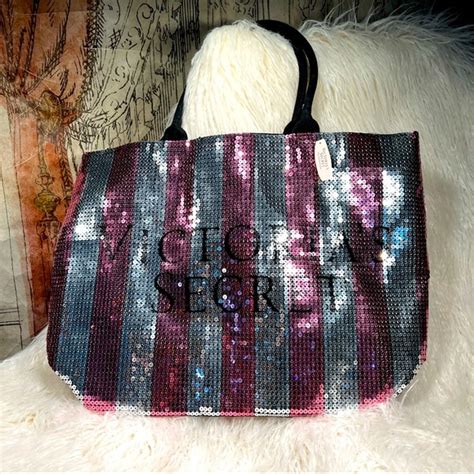 Victorias Secret Bags New Victorias Secret Limited Edition Pink White Striped Sequin Large