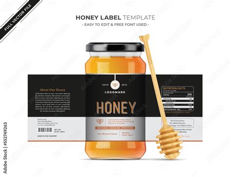 Bee pure Honey design glass jar bottle label, creative and modern health product branding black ...