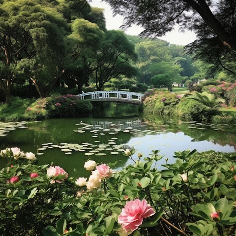 Un Puente Sobre Un Estanque Con Un Puente Blanco Y Flores Foto Premium