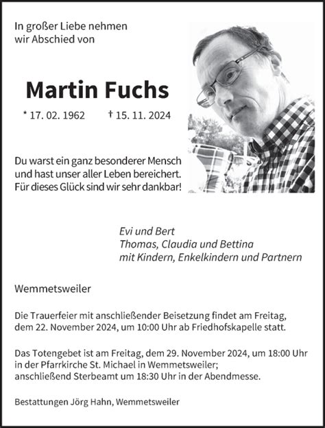 Traueranzeigen Von Martin Fuchs Saarbruecker Zeitung Trauer De