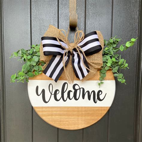 Front Door Welcome Sign Round Wood Sign Wall Decor Welcome Etsy