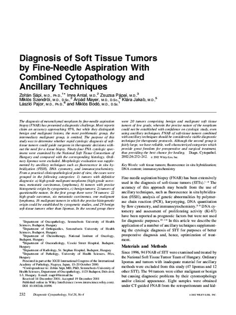 Pdf Diagnosis Of Soft Tissue Tumors By Fine Needle Aspiration With Combined Cytopathology And