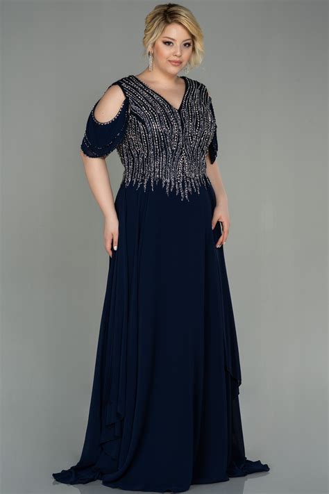 Long Navy Blue Chiffon Plus Size Evening Dress Abu2948