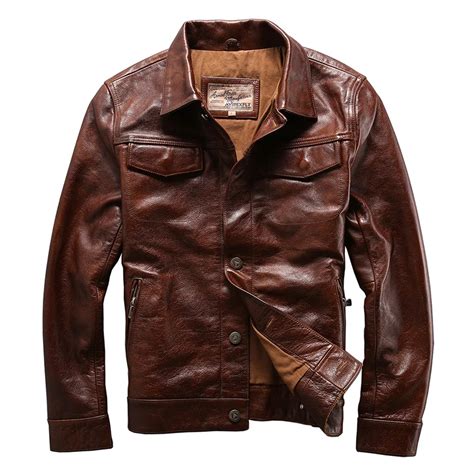 Avirexfly Men Genuine Cow Skin Leather Jacket Mens Cowhide Casual Vintage Biker Leather Jacket