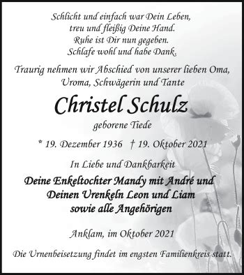 Traueranzeigen Von Christel Schulz Trauer Nordkurier