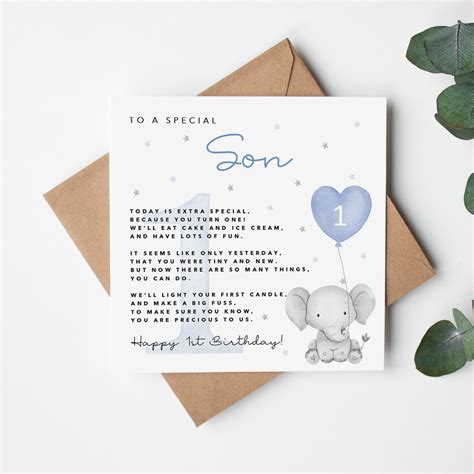 Son 1st Birthday Card With Poemverse Blue Elephant Card For Son First