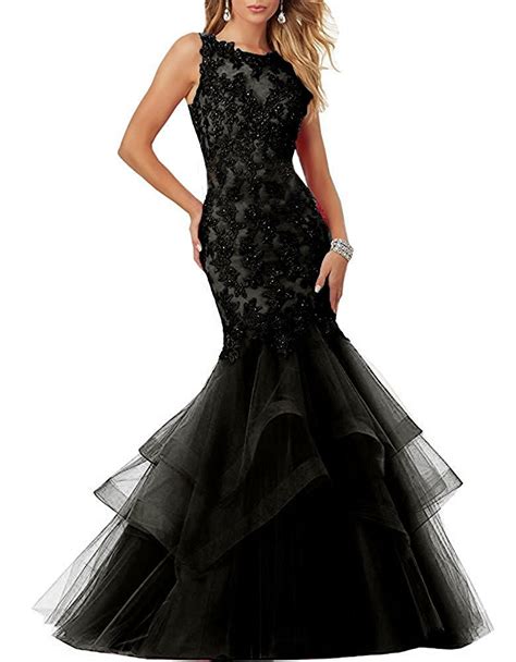 Apxpf Womens Lace Applique Long Mermaid Tulle Prom Dress Evening Party Gown