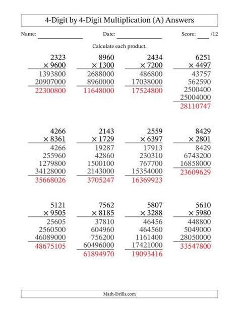 Multiplying 4 Digit By 4 Digit Numbers A