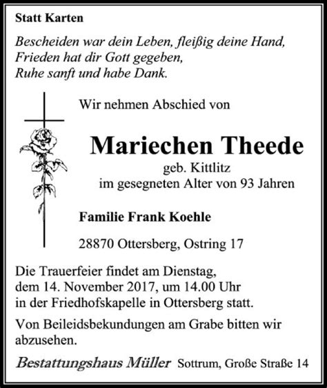 Traueranzeigen Von Mariechen Theede Trauer Kreiszeitung De