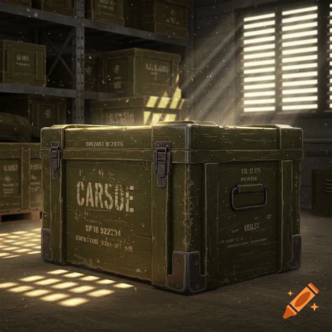 An Olive Green Military Crate Sits On The Floor Of A Dimly Lit