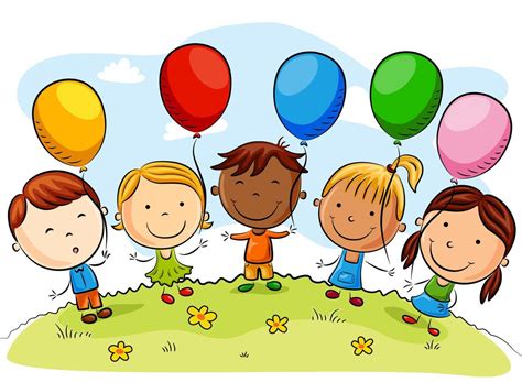 Dibujos Animados De Ni Os Felices Con Globos De Colores Vector