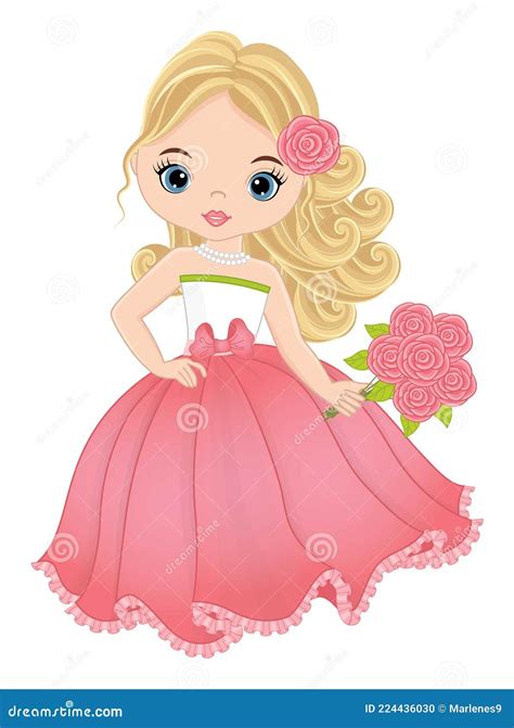 Beautiful Girl Wearing Long Pink Dress And Holding Bouquet Of Roses