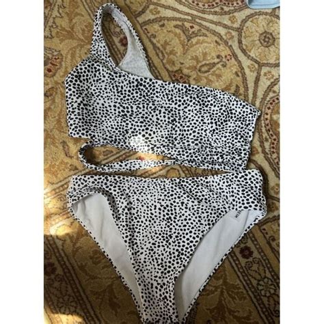 Shein Swim Shein Womens Whiteblack One Shoulder Cow Print Bikini Swimsuit Sz Ssmall New
