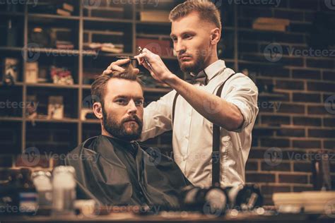 Making Haircut Look Perfect Young Bearded Man Getting Haircut By