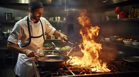 Chef En La Cocina Del Restaurante En La Estufa Con Pan Haciendo