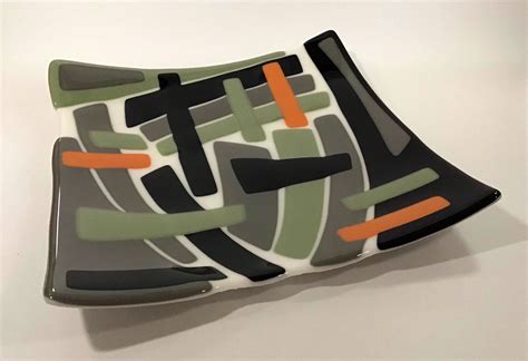 Swoops 10 Fused Glass Plate In Black Olive Orange Gray And Etsy Glass Plates Fused Glass