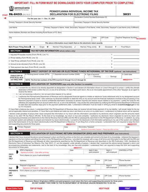 Form Pa 8453 2021 Fill Out Sign Online And Download Fillable Pdf